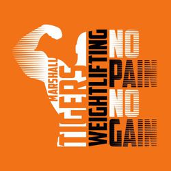 two color weightlifting t-shirt design.  Vertical team name and mascot name reversed in male figure flexing muscles.  No Pain No Gain stacked down right hand side of design.