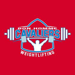two color weightlifting t-shirt design.  school and mascot name inside frame formed with weights and weightlifter.  word weightlifting in circle text at the bottom.