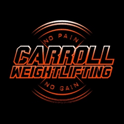 two color weightlifting t-shirt design.  Weight plate in the background with NO PAIN, NO GAIN on plate.  School name and weightlifting on two lines in large shaded block style lettering.