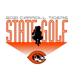 three color state golf t-shirt design.  Golfer lining up put with large words "state golf" in the background.  Team info small at the top, mascot at the bottom.