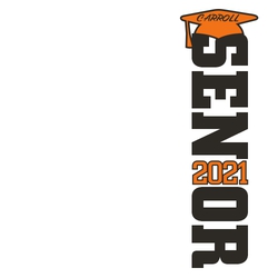 two color senior t-shirt design with SENIOR running vertically down the shirt. Graduation cap on top of S.  High school name in hat.  Year makes the "I" in Senior.