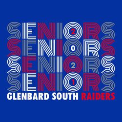 three color interactive senior t-shirt design.  SENIORS repeated/stacked 4 times with year inside the "O's" in SENIORS.  School information at the bottom.