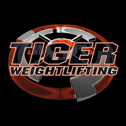 three color weightlifting t-shirt design with line illustration of weight plate.   Large mascot name and word weightlifting over weight plate with image of plate inside letters.