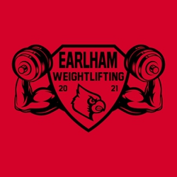interactive one color weightlifting t-shirt design.  Pair of hand weights and arms on each side of a shield.  Team name, weightlifting and date inside shield above mascot.