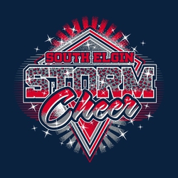 three color cheerleading t-shirt design.  diamond shape background with shading and star burst.  Team name in block lettering over mascot name with jaguar fur pattern inside lettering.  Cheer script.