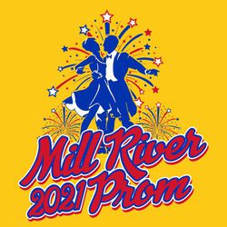 three color prom t-shirt design with dancers and fireworks explosions in background.  School name, year and prom in script text at the bottom.