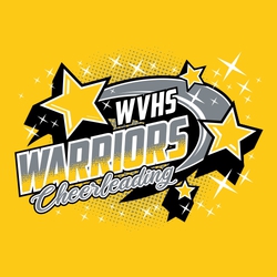 three color cheerleading t-shirt design with stars, shading and swoosh in the background.   Mascot name with halftone shading diagonally placed over Cheerleading in script.