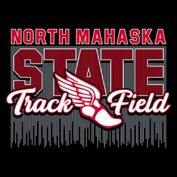interactive three color state track t-shirt design.  Winged foot and TRACK FIELD over vertical lines.  Large word STATE above that with lines through it.  Team name at top.