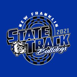 three color track t-shirt design with stylized vertical track oval and line pattern in lanes.  Diagonal "State Track" stacked over track lanes with shading.  Team name in circle text at the top.