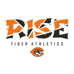 interactive two color team spirit t-shirt design with large lettering "RISE" sliced into different colored pieces.  Team name and logo below that.