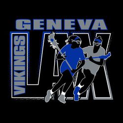 interactive three color lacrosse t-shirt design with two running female players placed over large LAX.  School name at top of design, mascot name vertical in the L on LAX.