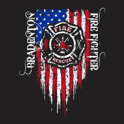 three color fire department t-shirt design with distressed US flag and distress department name on left side, fire fighter down the right hand side.