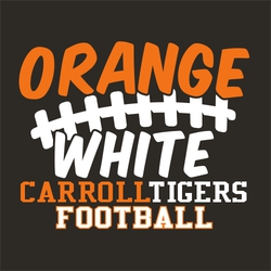 two color football t-shirt design.  School colors (orange white in the stock design) above and below football laces.  School and mascot name on one line, word football below that.