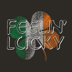 three color St. Patrick's Day t-shirt design.  Four leaf clover with Ireland flag inside it.  Feelin' Lucky in outline text over the top.