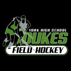 three color field hockey t-shirt design.  Two field hockey players to viewers left.  School name (small) and mascot name (large) stacked on right side. Oval at bottom with Field Hockey reversed text.