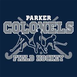 two color field hockey t-shirt design with 3 silhouettes of player centered.  Large sticks in background.  Athletic block team and mascot name at top.  Field Hockey at bottom.