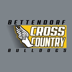 interactive three color cross country t-shirt design.  Winged foot with movement lines on viewers left.  Cross Country stacked on two lines to the right.  Team name at top, mascot name at bottom.