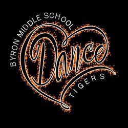 two color dance t-shirt design with Dance in script.  Tail off "e" in dance forms the shape of a heart.  Splatter background.  School and mascot fit to hear shape.