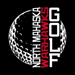 interactive golf t-shirt design with large golf ball. Vertical text on right side of ball with school name, mascot in contrasting color and word golf.