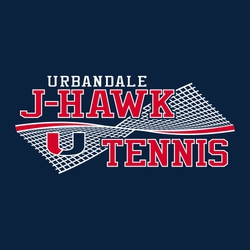 Interactive two color tennis t-shirt design with twisting net.  Mascot over lower left of net.  Team info upper left on two lines. Word Tennis on lower right.