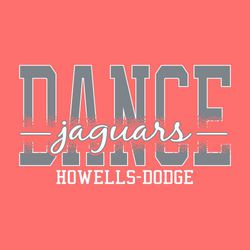 two color dance t-shirt design with large word DANCE faded out to show mascot name in script letters.  School name in athletic block at bottom.