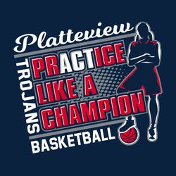 three color interactive basketball t-shirt design.  Girl standing on basketball with arms crossed.  PrACTice Like A Champion lettering. Slanted design.  Script school name at top.  Mascot name on side