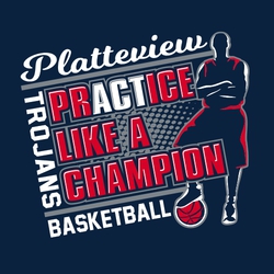 interactive basketball t-shirt design.  Male basketball player with arms crossed and one foot on a basketball.  prACTice like a champion.  Slanted design. Script team name at top, mascot name on side.
