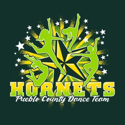 three color dance t-shirt design with 4 dancers in various poses, stars and burst in the background.  Shaded mascot name at the bottom and script organization name below that.