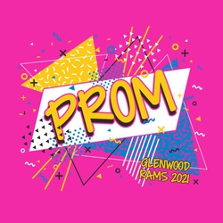 four color prom t-shirt design with 90's themed background shapes and patterns.  Large word PROM centered.  School info on lower right corner.