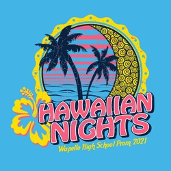 four color prom t-shirt design with Hawaiian Nights theme.  Palm tree,  ocean, hibiscus flower, and moon with patterns inside it.