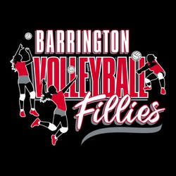 three color volleyball t-shirt design. Three volleyball players passing, setting and spiking.  School name at top, large word volleyball and mascot name in script at the bottom.