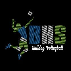 three color volleyball t-shirt design.  Line effect through volleyball player spiking the ball at the left and school initials at the right.  Script mascot name and word Volleyball below initials.