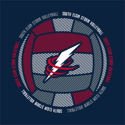 three color volleyball t-shirt design with large multicolor volleyball made of of diagonal lines.  Mascot or logo over center of ball. Repeating team information around the ball.
