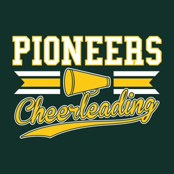 two color cheerleading t-shirt design with black mascot name at top, megaphone between ribbons and script word Cheerleading with tail at bottom.