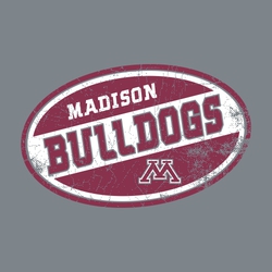 interactive two color spirit wear t-shirt design.  Distressed oval with large mascot name diagonally placed in color split.  School name above it in contrasting color.  Logo/Mascot below.