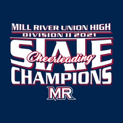 two color state champion cheerleading t-shirt design.  School information at the top, mascot at the bottom.  Large State Champions on two lines centered.  Script word Cheerleading over word State.