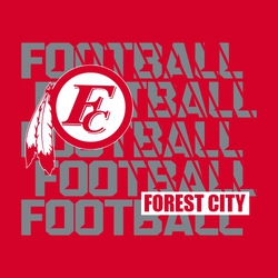 two color interactive football t-shirt design.  Word football repeats in design with lines that diagonally slash through letters leading to rectangle with school name. Large logo/mascot on upper left.