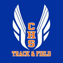two color track t-shirt design with large stylized wings framing school initials that run vertical down shirt.  Track & Field below that.  All lettering athletic block style.