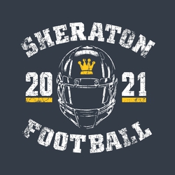 two color football t-shirt design with front facing football helmet centered.  Team name in circle text above helmet and word football below.  year split on each side of helmet underlined.