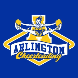two color cheerleading t-shirt design.  Leaping cheerleader over school initial and banner with school name.  Cheerleading in script at the bottom.