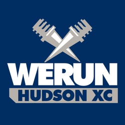 two color cross country t-shirt design with large, crossed spikes over large words WERUN. Team name and XC reversed in rectangle at the bottom.