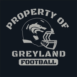 one color football t-shirt design with side view of football helmet.  Stencil lettering "Property Of" in circle text over top of helmet.  Team name below. Word football reversed in stencil font.