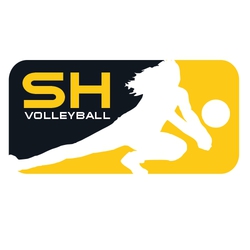 two color volleyball t-shirt design.  reversed image of volleyball player digging or passing a volleyball. Left side of design has team initials and word volleyball.