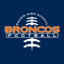 two color football t-shirt design.  Large stylized football laces centered on design.  Large mascot name and word football over laces. School name in circle text at the top.