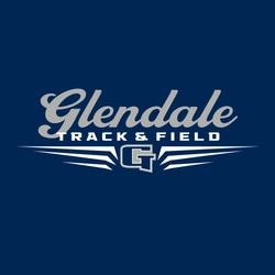 two color track and field t-shirt design.  Script team name above words track & field.  Logo or mascot below that framed by three triangular shapes on each side that suggest wings.