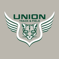 two color track & field t-shirt design.  Stylized wings frame large, centered mascot.  School name and track and field on two lines about mascot.