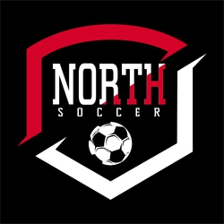 two color interactive t-shirt art template. Diagonally split shield with lower half in contrasting color.  Team name inside shield with small word soccer below it.  Small soccer ball centered below.
