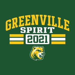 two color spirit wear t-shirt art.  Arched Team name over word spirit.  Three lines alternating in color under word spirit.  Knockout oval with year over stripes.  Mascot at the bottom.