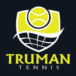 two color interactive tennis t-shirt design.  Shield with ball in top half and stylized net in bottom half that extends beyond the shield.  Large team name and word tennis below shield.