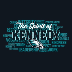 two color spirit wear t-shirt design.  Word art in the background, The Spirit of in script center top, school name in athletic block centered and mascot below that.